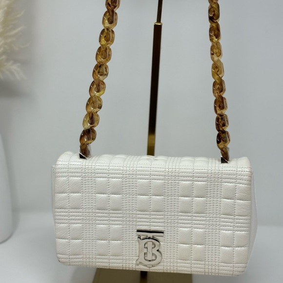 💯Authentic BURBERRY Small Lola Quilted White Leather Shoulder Bag - Picture 3 of 11